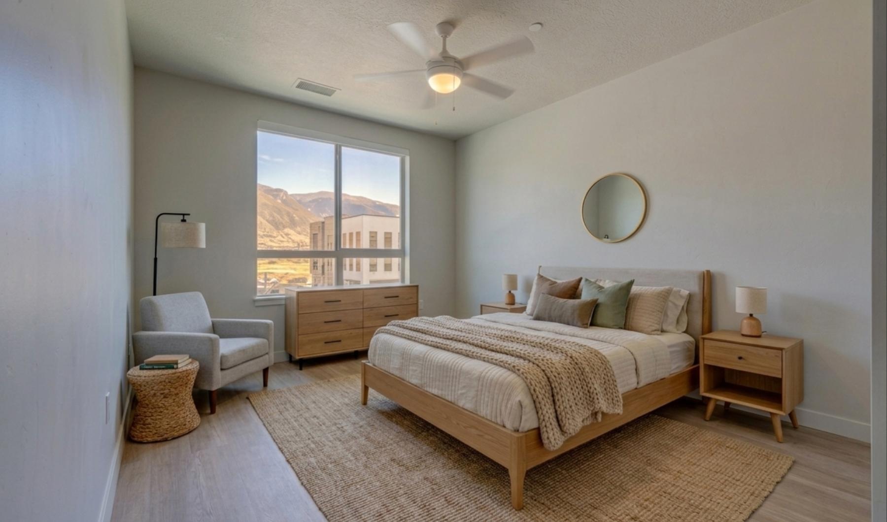 a bedroom with a bed, dresser and chair